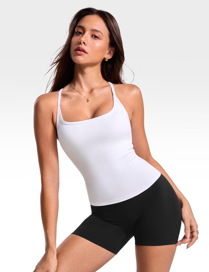 INGIA Womens Low Scoop Neck Racerback Tank Top Workout Yoga Pilates Camisole Built-in Bra Fitted Sleeveless Shirt White Small - Image 3