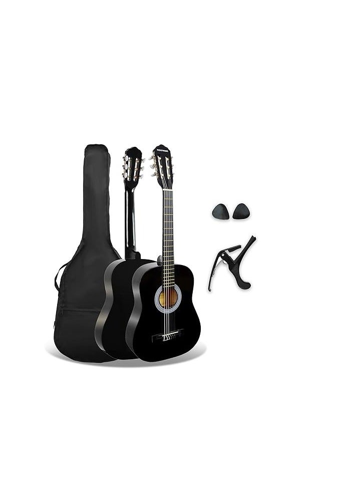Megarya XF 3/4 Size Junior Kids Classical Spanish Starter Beginner Pack Acoustic Guitar with Nylon Strings, Gig Bag, Capo and Picks – Black - Image 1