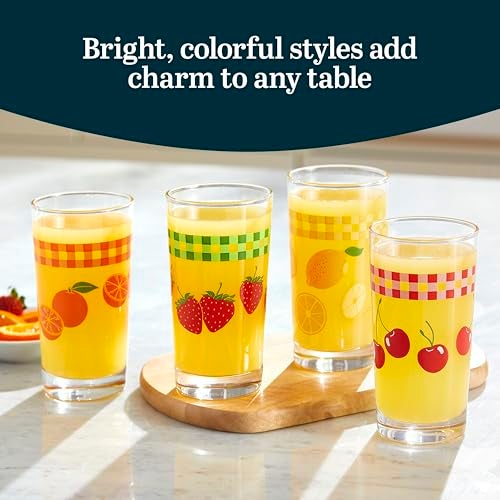 Libbey Vintage Juice Drinking Glasses Set of 4, Colorful, Retro Fruit Design Glass Cups Set, Dishwasher Safe Water Glasses Set for Everyday Beverages - Image 2