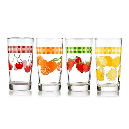 Libbey Vintage Juice Drinking Glasses Set of 4, Colorful, Retro Fruit Design Glass Cups Set, Dishwasher Safe Water Glasses Set for Everyday Beverages - Image 1