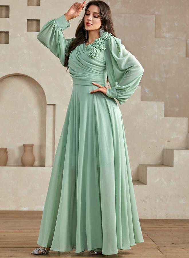 Take Two Green 3D Flower Detail Fold Pleat Maxi Dress - Image 5