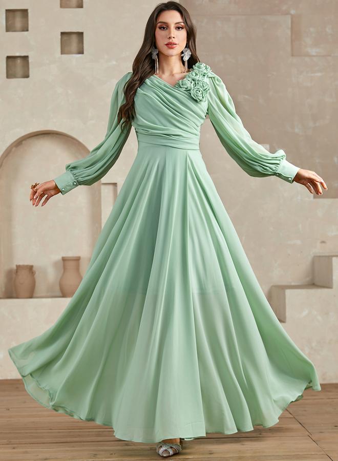 Take Two Green 3D Flower Detail Fold Pleat Maxi Dress - Image 3