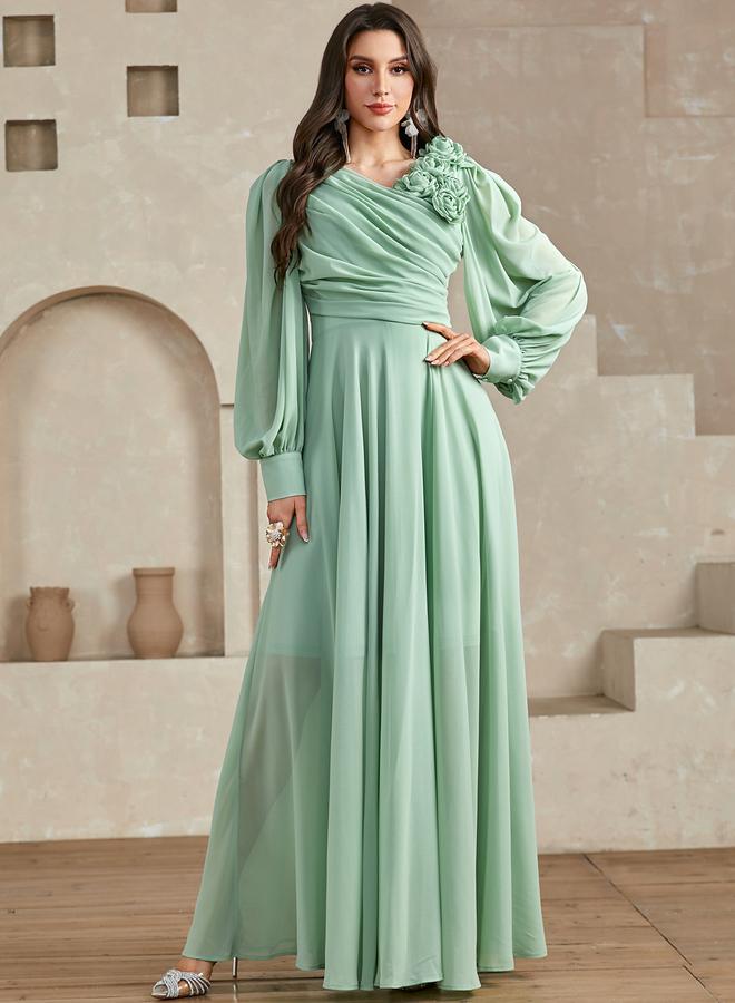 Take Two Green 3D Flower Detail Fold Pleat Maxi Dress - Image 4