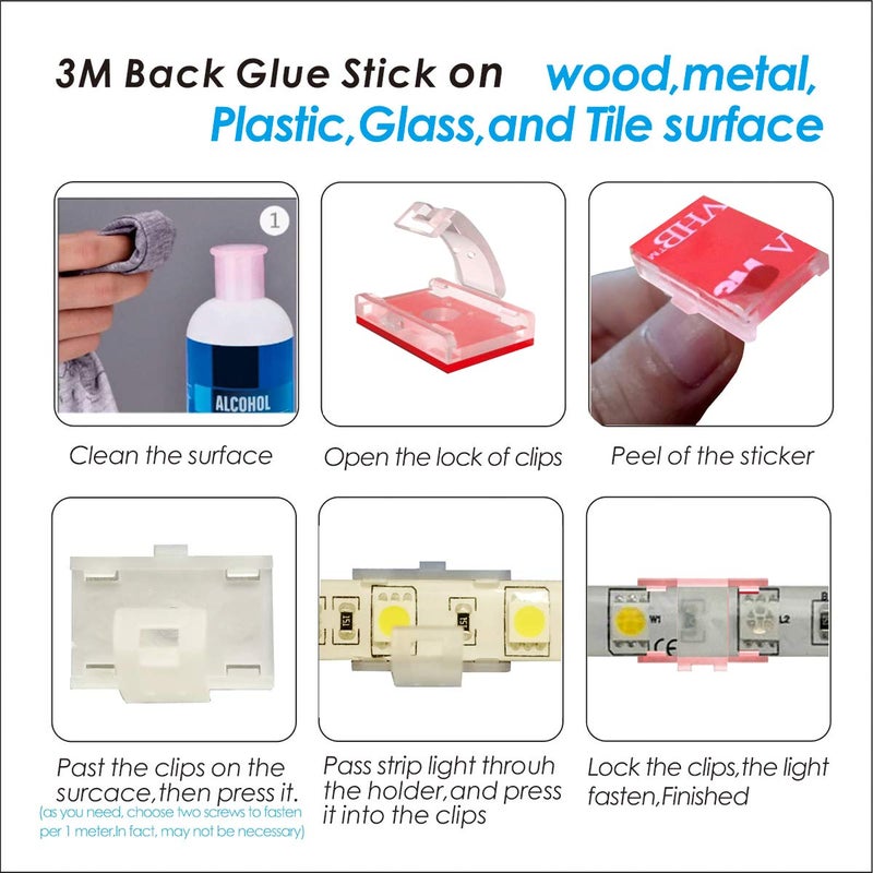 ATB شريط إضاءة LED ATB المستقبل مع حوامل لاصقة ذاتية التثبيت ومشابك، حامل شريط LED، مشابك تنظيم أسلاك الكابلات للمركبة، الخزانة، تحت الطاولة، المطبخ، غرفة المعيشة، المتجر، في الهواء الطلق (100 عبوة) - Image 2