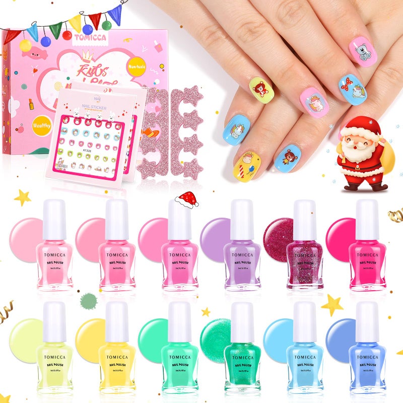 TOMICCA Kids Nail Polish Set - 12 Candy Rainbow Colors Non Toxic Water Based Odorless Peel Off Quick Dry Natural Safe for Toddler Parties & Birthday Girls (Ages 3+) - Image 1