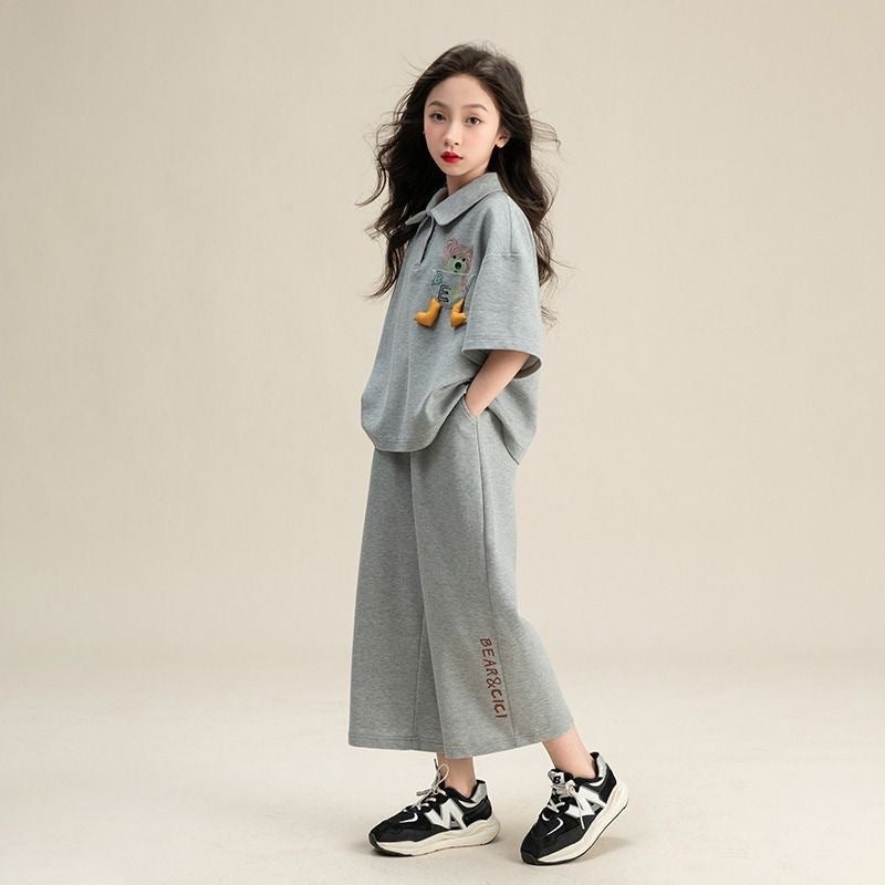 Girls Polo Shirt suit Summer 2025 Middle and Big Childrens Summer New Casual Short-sleeved Childrens Wide-leg Pants Two-piece Set Grey