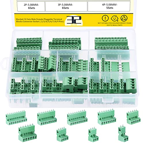 Mardatt 32 Sets Male Female Pluggable Terminal Blocks Connector Socket, 5.08mm Pitch Plug-in PCB Mount Screw Terminal Block (2/3/4/5/6/7/8/9 Pins) - Image 1