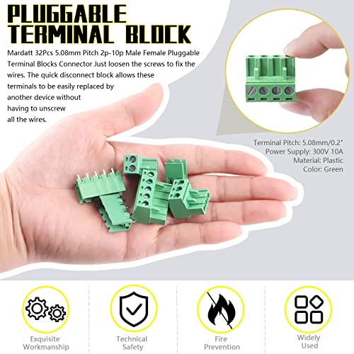 Mardatt 32 Sets Male Female Pluggable Terminal Blocks Connector Socket, 5.08mm Pitch Plug-in PCB Mount Screw Terminal Block (2/3/4/5/6/7/8/9 Pins) - Image 5