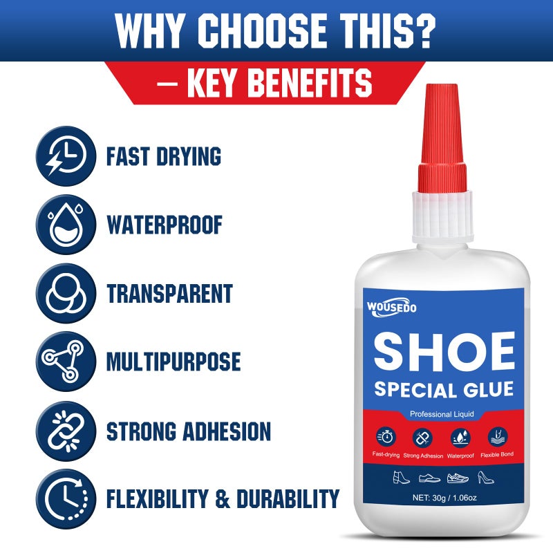 WOUSEDO 30g Shoe Super Glue - Quick Dry Strong Adhesive for Shoe Repair, Boots, Sneakers, Heels, Hiking Shoes, Leather, Handbags -Waterproof & Flexible. - Image 3