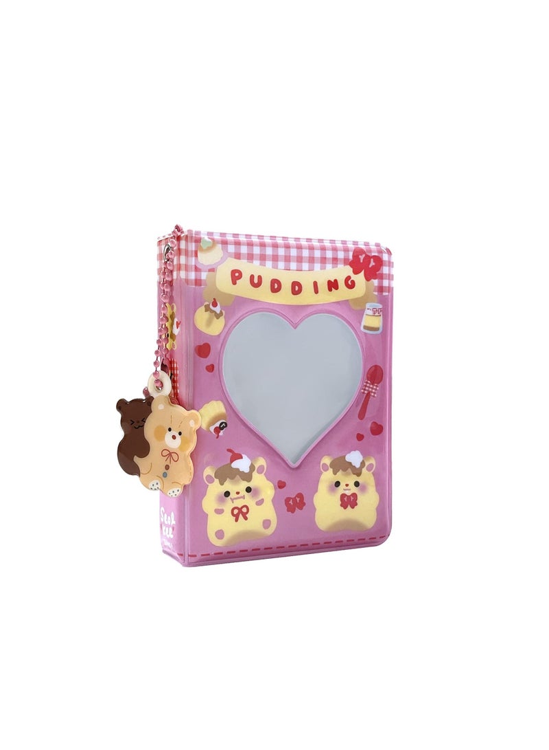 KASTWAVE Photocard Album, KASTWAVE Mini Photo Album Love Heart Hollow Photocard Id Holder 40 Pockets With Bear Pendant and Rabbit Card (3 Inch pink bear)  - Image 1