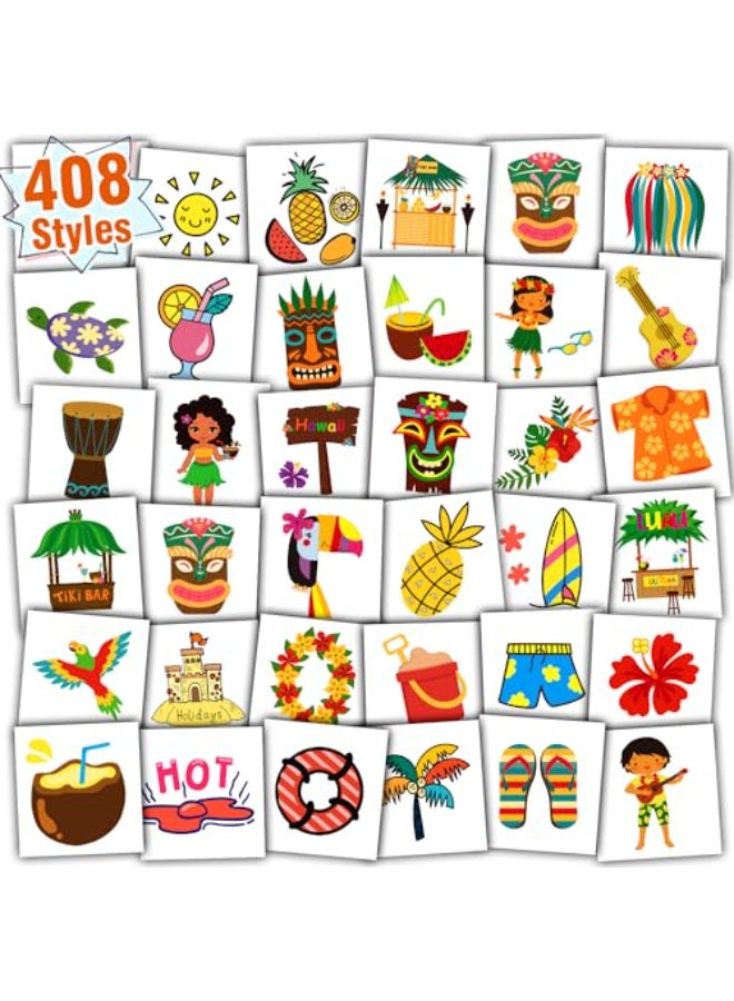 Partywind 408 PCS Hawaiian Tattoos for Party Decorations Hawaiian Luau Party Favors Supplies for Boys and Girls Beach Tropical Tattoos for Party Games Individually Wrapped Sheet - Image 1