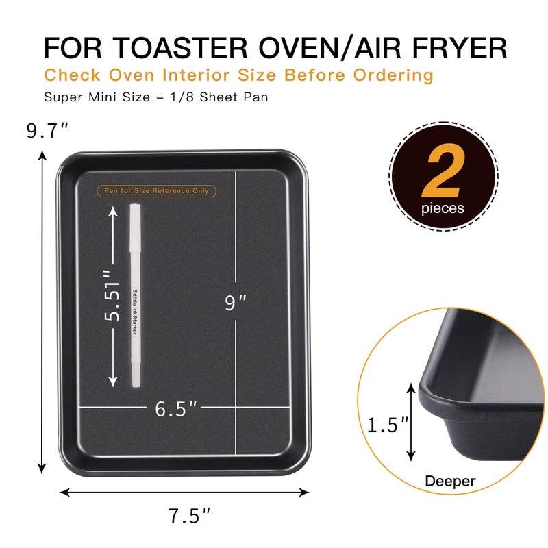HONGBAKE 2 Pack 9.7X7.5" Toaster Oven Pans for Baking, 57% Thicker Nonstick 1/8 Cookie Sheet Pan Set, Small Baking Tray, Dishwasher Safe and Heavy Duty, Black - Image 3