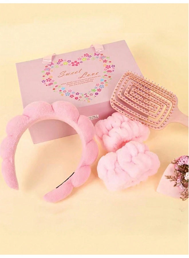 بوفان عصابة رأس نسائية - عصابة رأس سبا، سوار معصم ومشط هدية - هدية أنيقة للنساء والشابات يمكن استخدامها لغسل وجهك ووضع أقنعة الوجه والمكياج والعناية بالبشرة (وردي). - Image 5