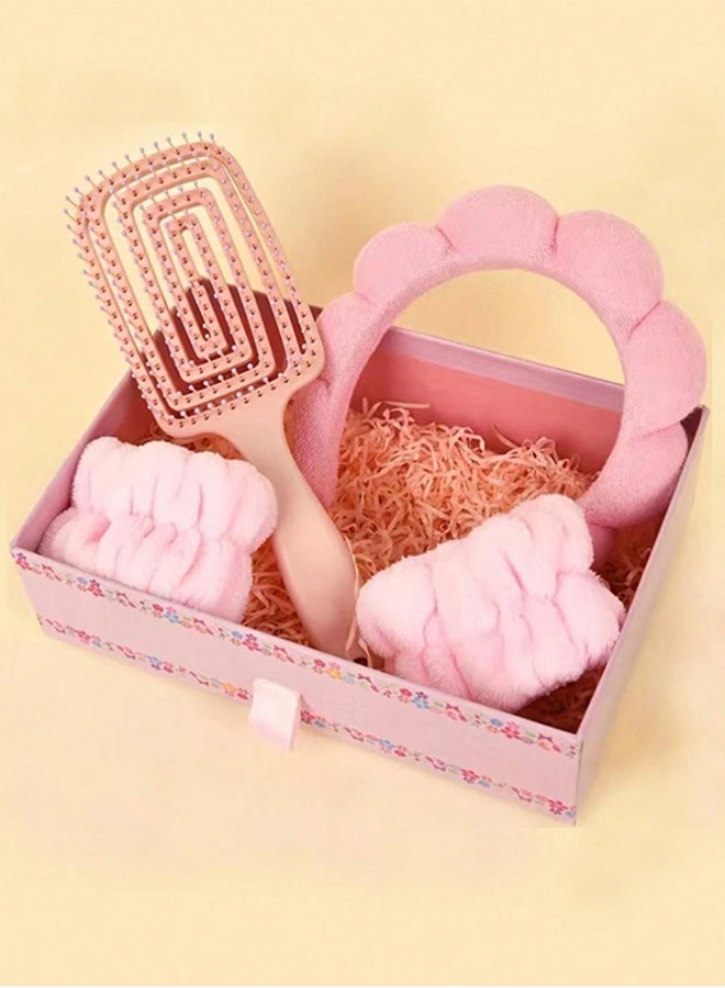 بوفان عصابة رأس نسائية - عصابة رأس سبا، سوار معصم ومشط هدية - هدية أنيقة للنساء والشابات يمكن استخدامها لغسل وجهك ووضع أقنعة الوجه والمكياج والعناية بالبشرة (وردي). - Image 3