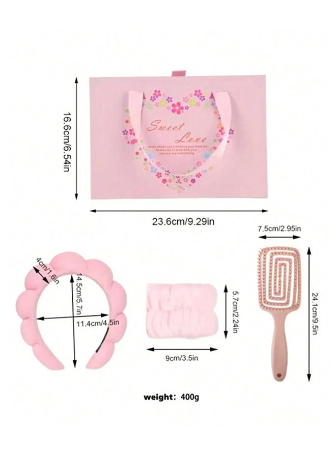 بوفان عصابة رأس نسائية - عصابة رأس سبا، سوار معصم ومشط هدية - هدية أنيقة للنساء والشابات يمكن استخدامها لغسل وجهك ووضع أقنعة الوجه والمكياج والعناية بالبشرة (وردي). - Image 2