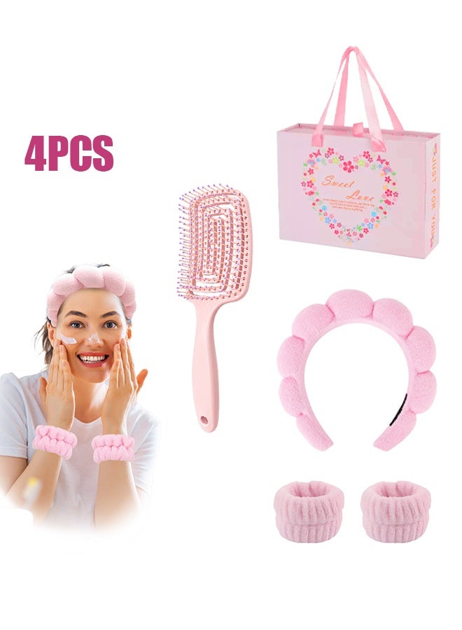 بوفان عصابة رأس نسائية - عصابة رأس سبا، سوار معصم ومشط هدية - هدية أنيقة للنساء والشابات يمكن استخدامها لغسل وجهك ووضع أقنعة الوجه والمكياج والعناية بالبشرة (وردي). - Image 1