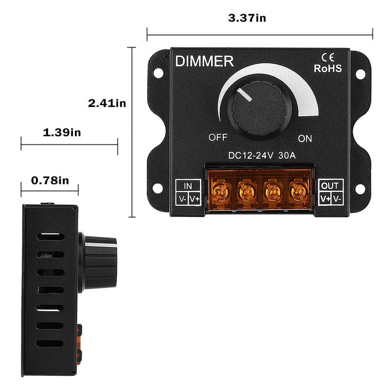 SUPERNIGHT LED Light Strip Dimmer, DC12V-24V 30A PWM Dimming Controller for Dimmer Knob Adjust Brightness ON/Off Switch with Aluminum Housing - Image 5