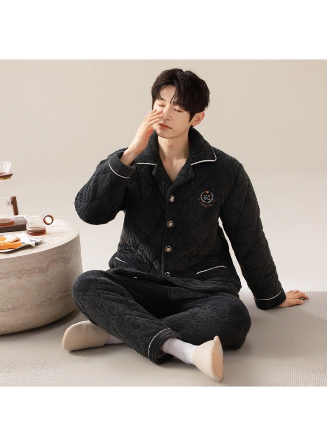 Winter Pajamas Men's Three-layer Quilted Autumn And Winter Teenager Boys Thickened Fleece-lined Coral Fleece Home Clothes Suit