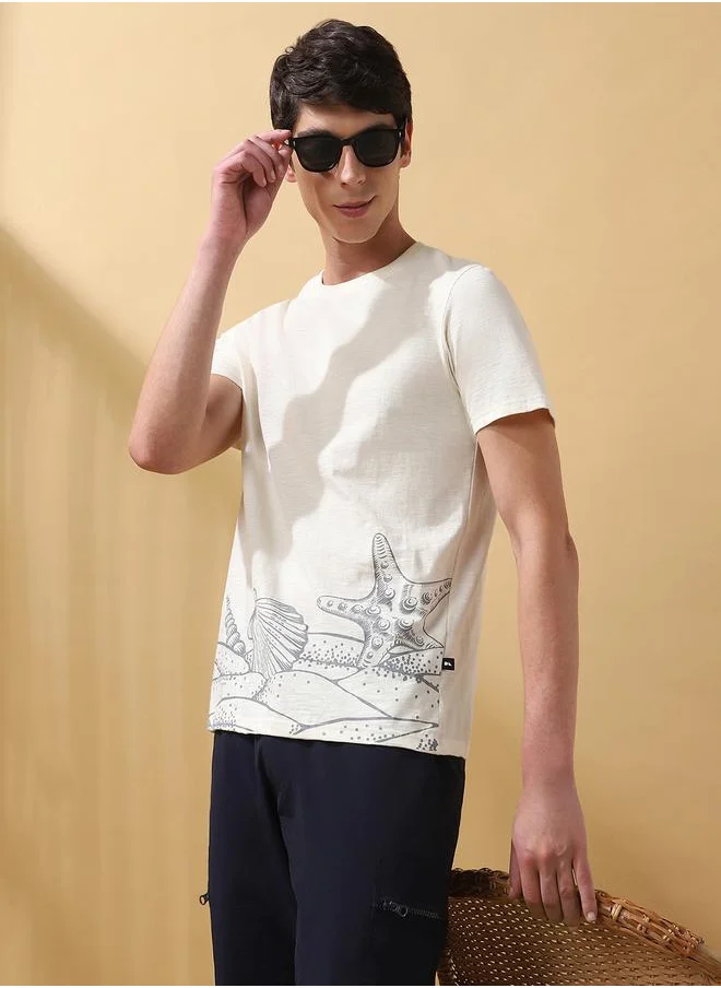 Dennis Lingo Marshmallow Cotton Printed Pattern Regular Fit T-Shirts for Men with Round Neck Neckline Half Sleeves Regular Length Upper Body Wear T-shirts Knitted Weave - Perfect for Lifestyle Occasions