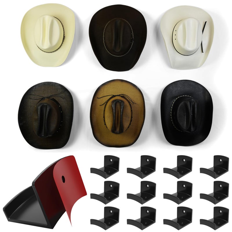 Modern JP Adhesive Hat Hooks for Wall 12Pack Cowboy Hat Rack Wide Brim Hat Organizer Strong Hold Hat Hangers for Wall Black