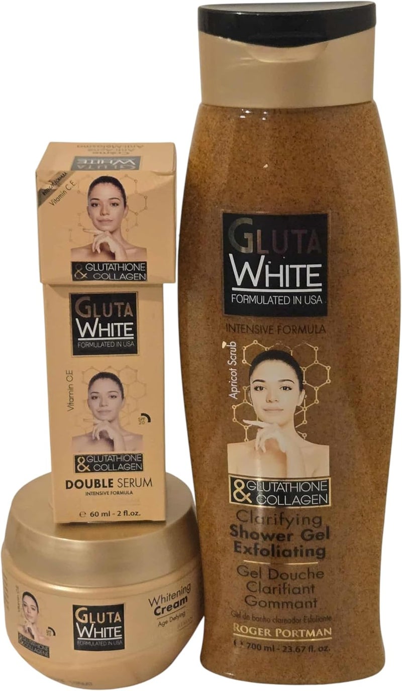 Gluta White Clarifying Exfoliating Shower Gel With Glutathione Collagen 700ml Cream 275 ml Serum 60 ml Face Cream 30 mg 4 in 1 Set