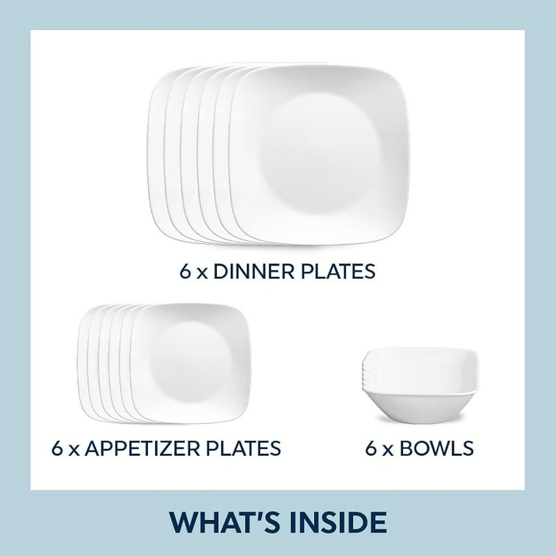 كوريل 1 Corelle Vitrelle طقم عشاء مربع من 18 قطعة لـ 6 أشخاص، زجاج ثلاثي الطبقات ومقاوم للتشظي، أطباق وأوعية مربعة خفيفة الوزن، أبيض نقي - Image 2