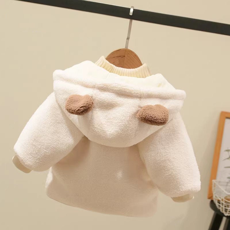 Kids Fleece Jacket Winter Warm Hooded Coat Beige  - Image 5