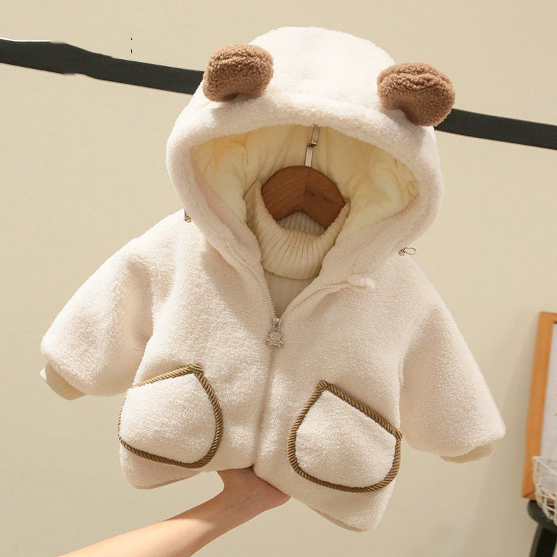 Kids Fleece Jacket Winter Warm Hooded Coat Beige  - Image 1