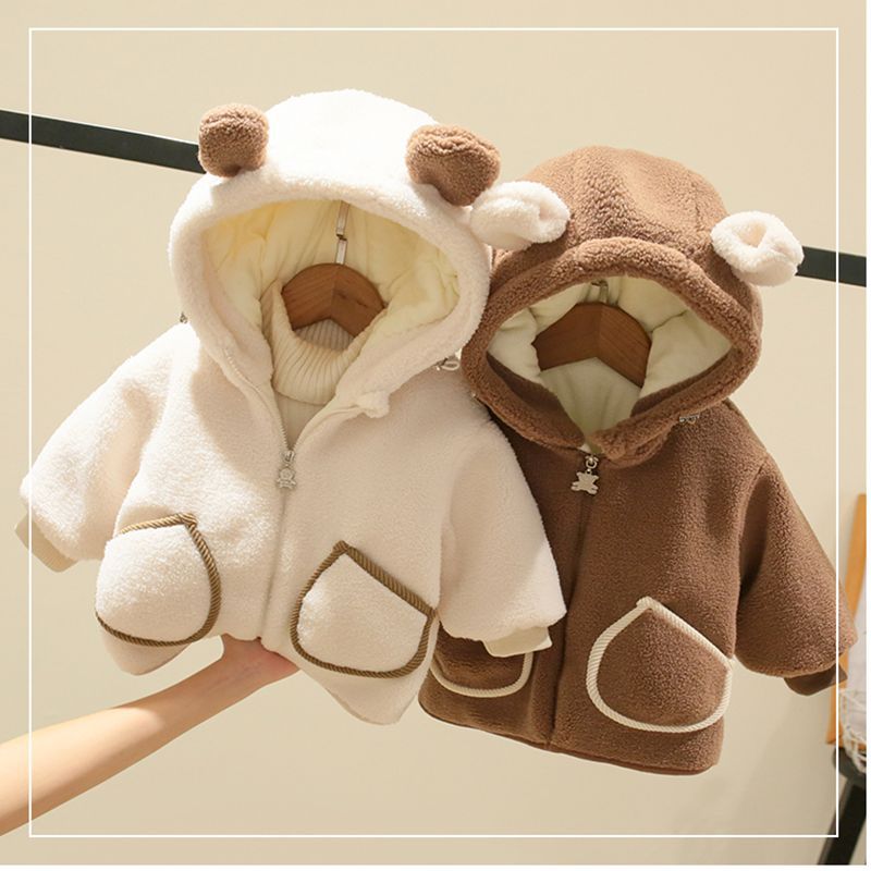 Kids Fleece Jacket Winter Warm Hooded Coat Beige  - Image 3