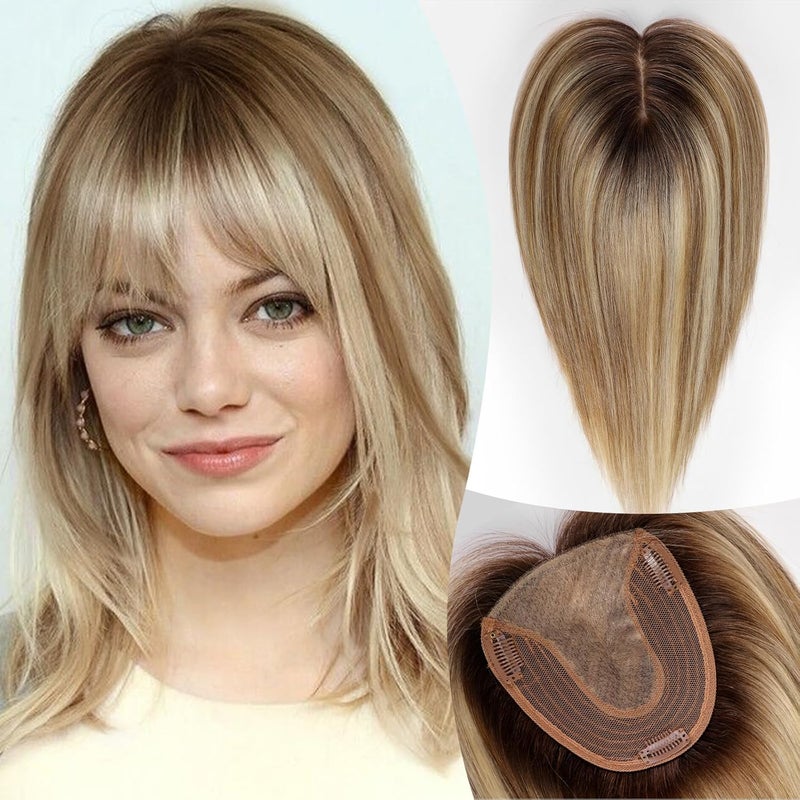 EMMOR Human Hair Toppers for Women with Thinning Hair Real Hair Toppers for Women with Bangs 12inch Skin Scalp 56 Big Base Cover Hair Loss Top Hair Pieces Wiglets Remy Hair Topper