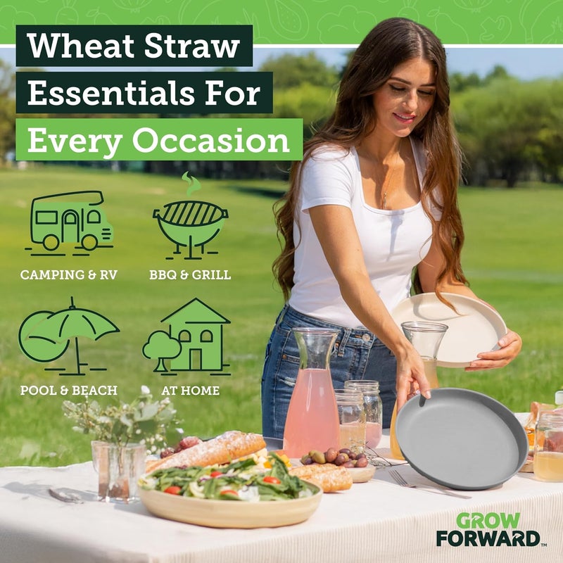 Grow Forward Premium Wheat Straw Plates and Bowls Sets - 8-Piece Wheat Straw Dinnerware Sets - Unbreakable & Reusable Microwave Safe Plastic Dinner Plates for Outdoors, RV, Camping Dishes - Moonlight - Image 2