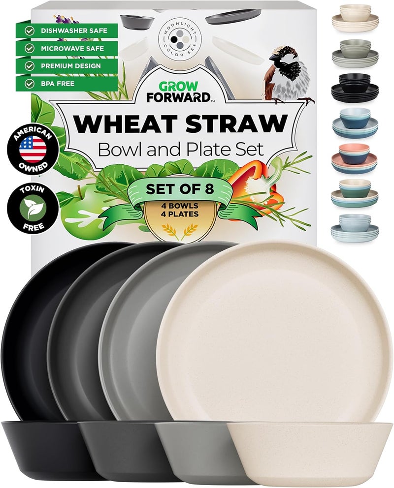 Grow Forward Premium Wheat Straw Plates and Bowls Sets - 8-Piece Wheat Straw Dinnerware Sets - Unbreakable & Reusable Microwave Safe Plastic Dinner Plates for Outdoors, RV, Camping Dishes - Moonlight - Image 1