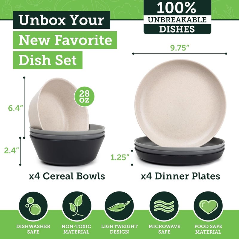 Grow Forward Premium Wheat Straw Plates and Bowls Sets - 8-Piece Wheat Straw Dinnerware Sets - Unbreakable & Reusable Microwave Safe Plastic Dinner Plates for Outdoors, RV, Camping Dishes - Moonlight - Image 3