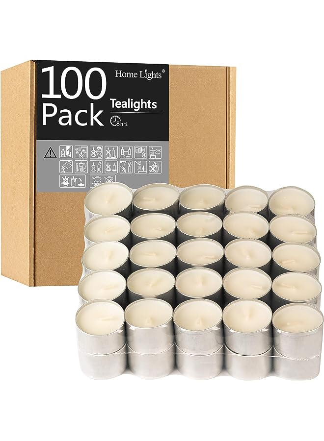 PROMASS شموع الشاي - 8 ساعات من الاحتراق الطويل، عبوات عملاقة 100،200،300 - شموع الشاي الأوروبية البيضاء بدون دخان وغير معطرة لشبات، حفلات الزفاف، عيد الميلاد، الزينة المنزلية - عبوة 100 - Image 1