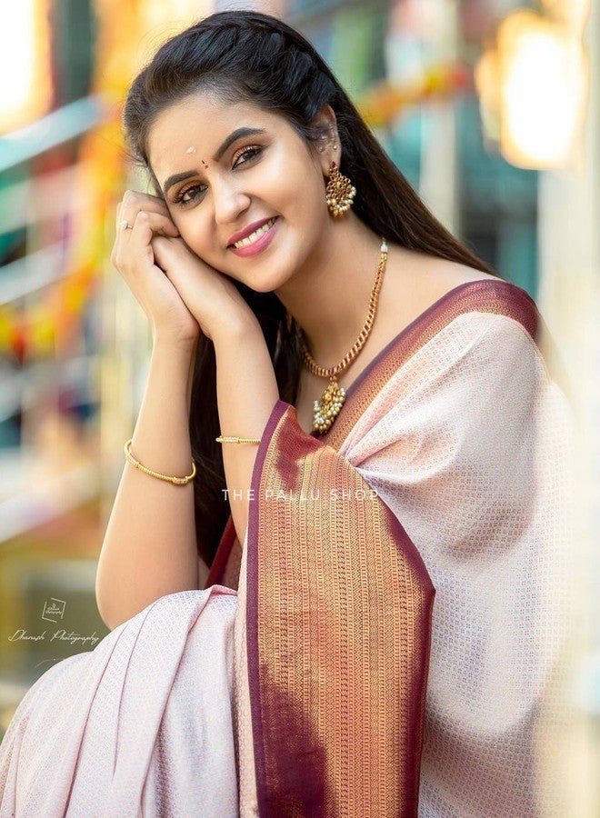 Flosive Ayn Women's Present Banarasi Soft Lichi Silk Saree Beautiful Jacquard Rich Pallu Design Work 4501 Zari Woven Kanjivaram Silk Style Saree With Soft Lichi Silk Blouse Piece (Cream) - Image 2