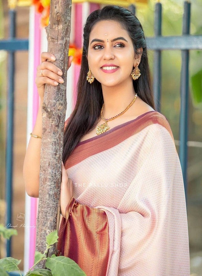 Flosive Ayn Women's Present Banarasi Soft Lichi Silk Saree Beautiful Jacquard Rich Pallu Design Work 4501 Zari Woven Kanjivaram Silk Style Saree With Soft Lichi Silk Blouse Piece (Cream) - Image 3