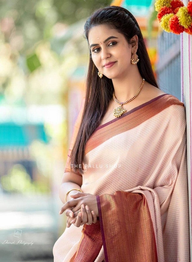 Flosive Ayn Women's Present Banarasi Soft Lichi Silk Saree Beautiful Jacquard Rich Pallu Design Work 4501 Zari Woven Kanjivaram Silk Style Saree With Soft Lichi Silk Blouse Piece (Cream) - Image 1
