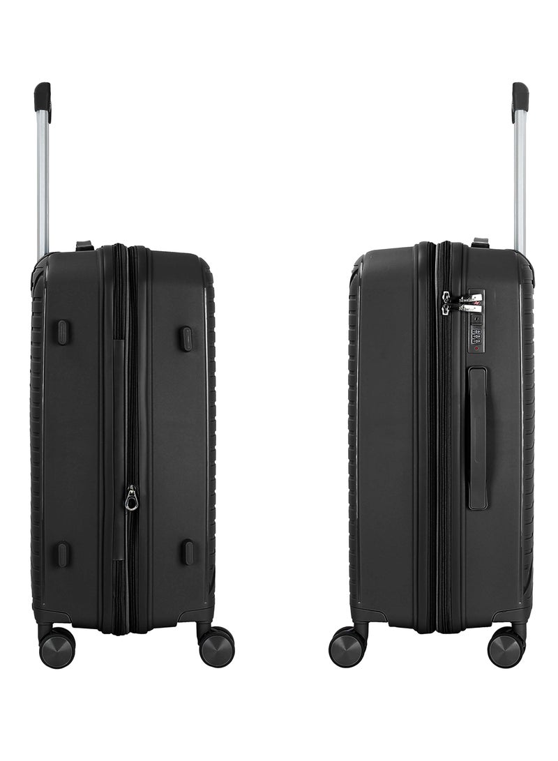 Unisex Expandable Hard Case Luggage Lightweight PP Fashion Trolley Luggage with 4 Double Spinner Wheel and Safe Zippers KH1006-Black