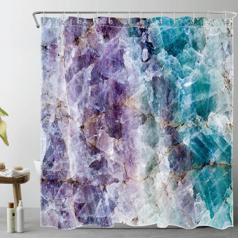 LB Marble Shower Curtain Purple and Teal Bathroom Shower Curtain Sets with Hooks Abstract Healing Crystals Geometric Decorative Waterproof Fabric Bath Curatin72x72 Inch