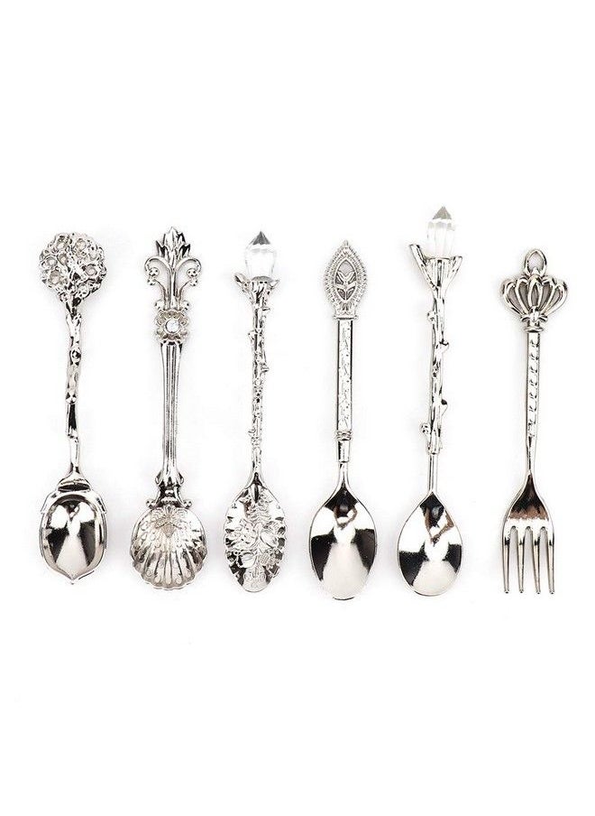 Zerodis 6Pcs Teaspoon Set Small Vintage Retro Royal Zinc Alloy Dessert Spoon With Fork Silverware Tableware Coffee Spoon For Home Kitchen Cafe Sugar Stir Ice Cream Cake  - Image 2