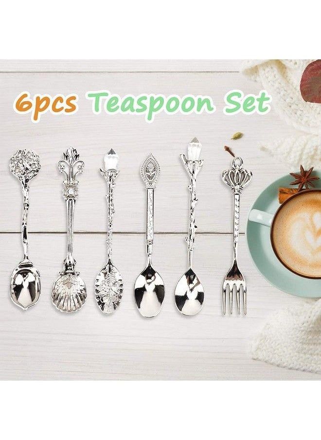 Zerodis 6Pcs Teaspoon Set Small Vintage Retro Royal Zinc Alloy Dessert Spoon With Fork Silverware Tableware Coffee Spoon For Home Kitchen Cafe Sugar Stir Ice Cream Cake  - Image 5