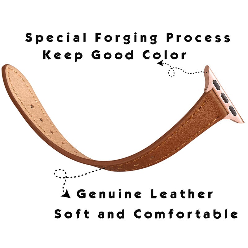 STIROLL Slim Leather Bands Compatible with Apple Watch Band 38mm 40mm 41mm 42mm(Series 10), Top Grain Leather Watch Thin Wristband for iWatch SE Series 10/9/8/7/6/5/4/3/2/1(Brown with Rose Gold) - Image 3