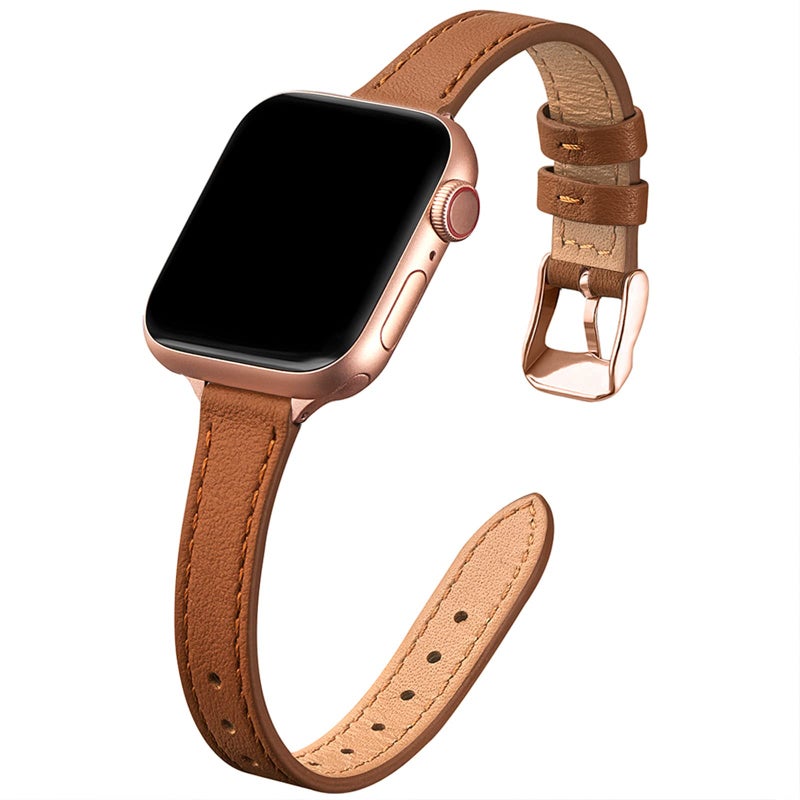 STIROLL Slim Leather Bands Compatible with Apple Watch Band 38mm 40mm 41mm 42mm(Series 10), Top Grain Leather Watch Thin Wristband for iWatch SE Series 10/9/8/7/6/5/4/3/2/1(Brown with Rose Gold) - Image 1