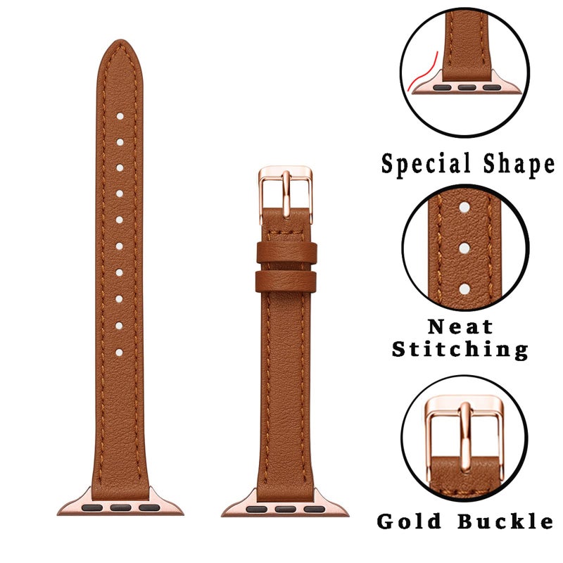 STIROLL Slim Leather Bands Compatible with Apple Watch Band 38mm 40mm 41mm 42mm(Series 10), Top Grain Leather Watch Thin Wristband for iWatch SE Series 10/9/8/7/6/5/4/3/2/1(Brown with Rose Gold) - Image 2