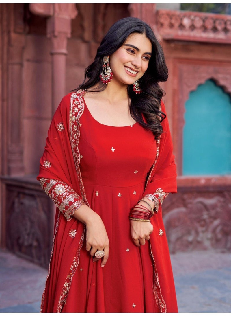 Super Asian Elegant Faux Georgette Gown Set with Pant & Embroidered Dupatta – Thread & Sequin Work - Image 5