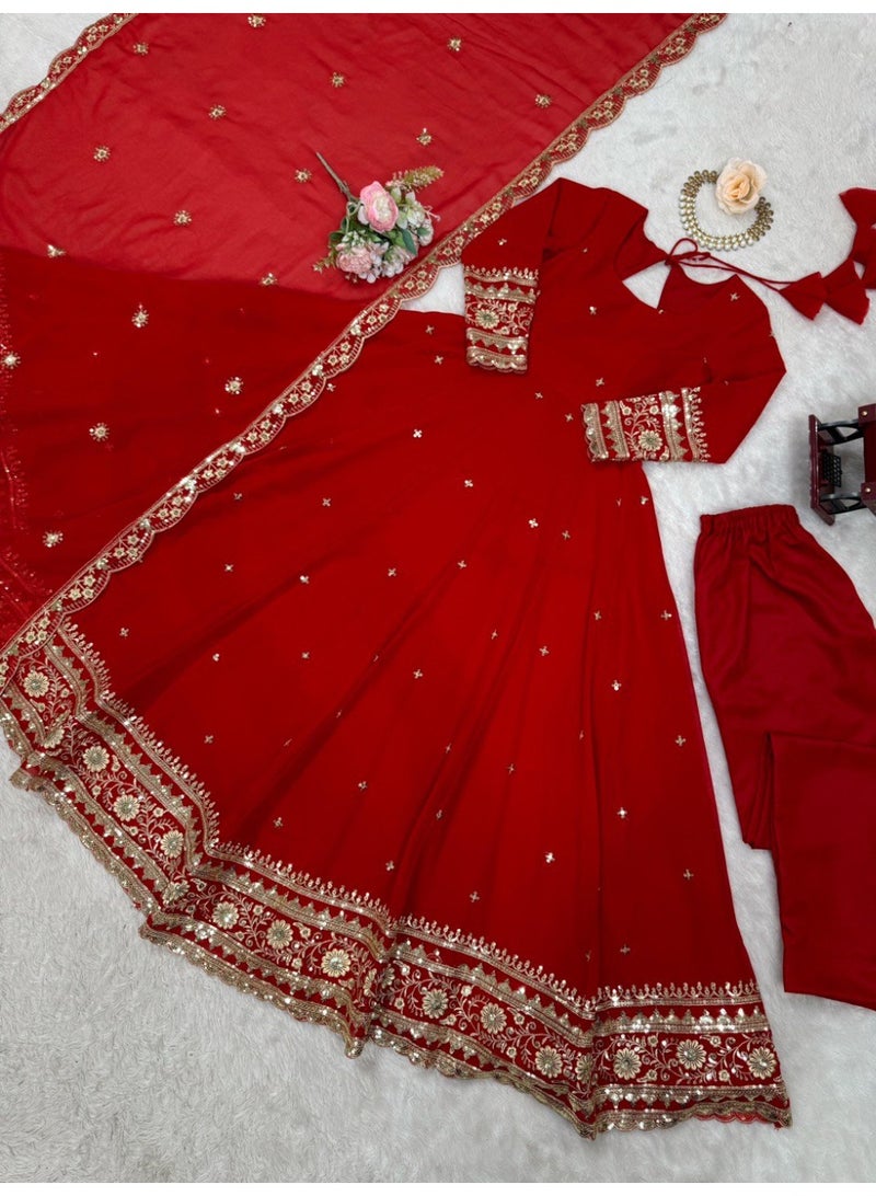 Super Asian Elegant Faux Georgette Gown Set with Pant & Embroidered Dupatta – Thread & Sequin Work - Image 3