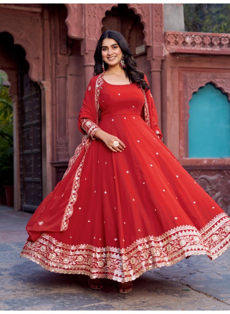 Super Asian Elegant Faux Georgette Gown Set with Pant & Embroidered Dupatta – Thread & Sequin Work - Image 1
