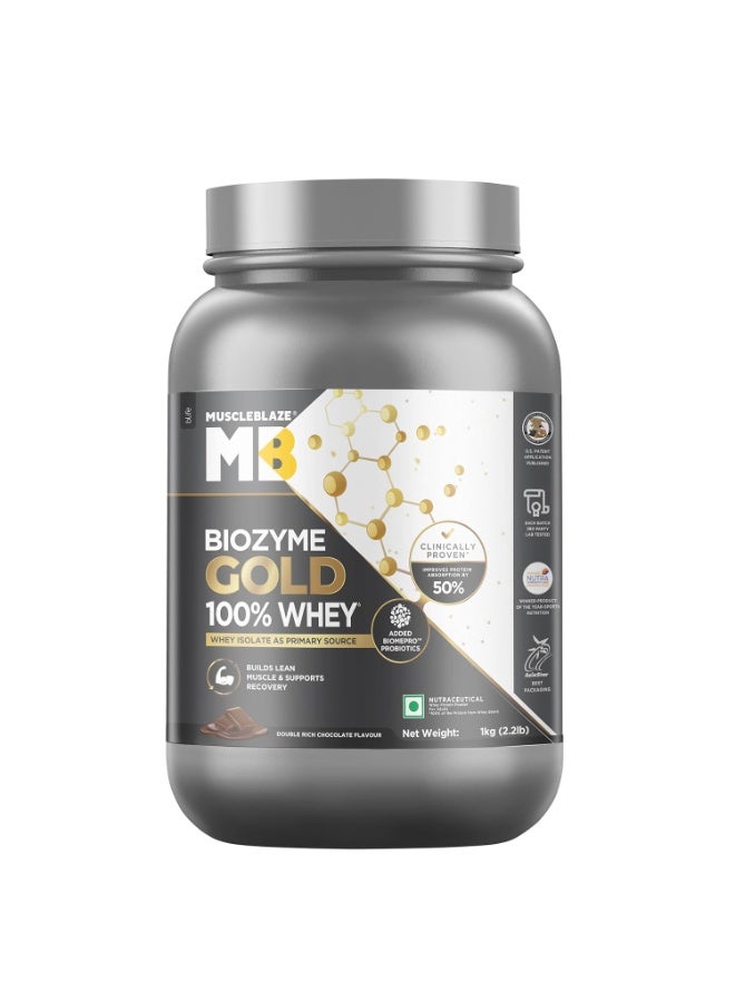 مسل بلايز مسحوق بروتين مصل اللبن MuscleBlaze Biozyme Gold (نقي بنسبة 100%)، بنكهة الشوكولاتة الغنية (1 كجم / 2.2 رطل) | 26 جم بروتين لكل مكيال | بروتين مصل اللبن المعزول (Whey Isolate) كمصدر أساسي للبروتين - Image 1