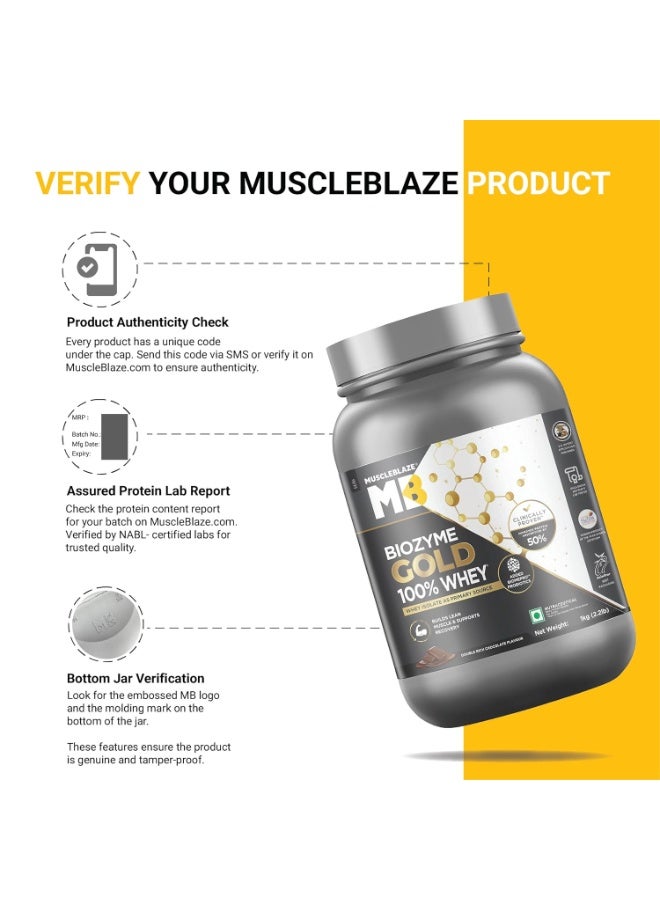 مسل بلايز مسحوق بروتين مصل اللبن MuscleBlaze Biozyme Gold (نقي بنسبة 100%)، بنكهة الشوكولاتة الغنية (1 كجم / 2.2 رطل) | 26 جم بروتين لكل مكيال | بروتين مصل اللبن المعزول (Whey Isolate) كمصدر أساسي للبروتين - Image 3