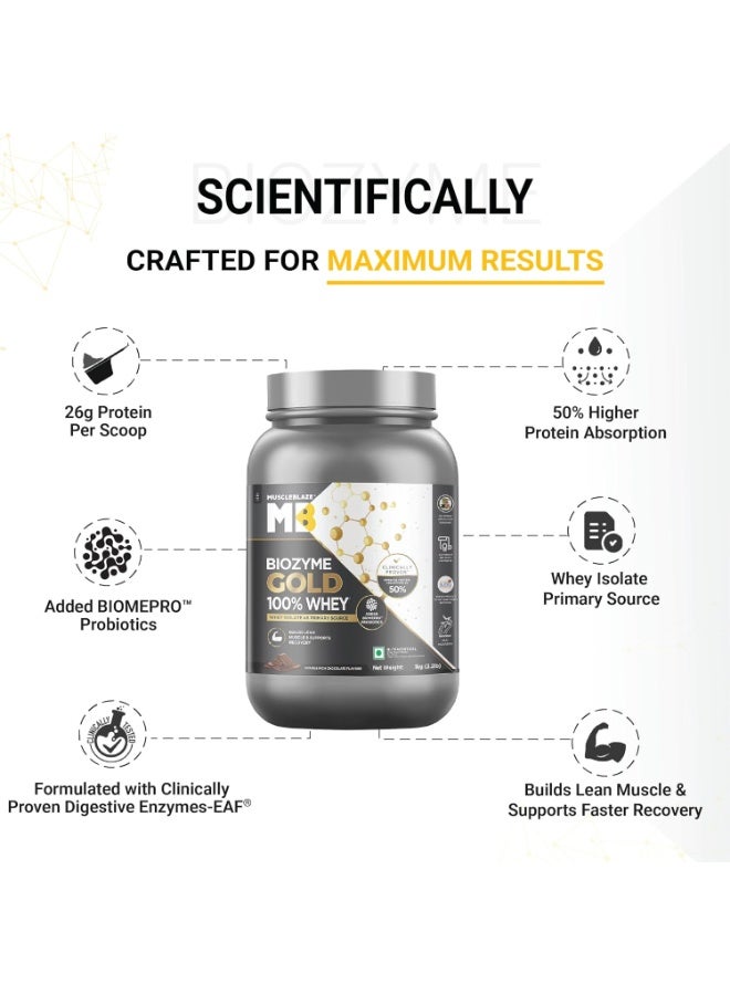 مسل بلايز مسحوق بروتين مصل اللبن MuscleBlaze Biozyme Gold (نقي بنسبة 100%)، بنكهة الشوكولاتة الغنية (1 كجم / 2.2 رطل) | 26 جم بروتين لكل مكيال | بروتين مصل اللبن المعزول (Whey Isolate) كمصدر أساسي للبروتين - Image 2